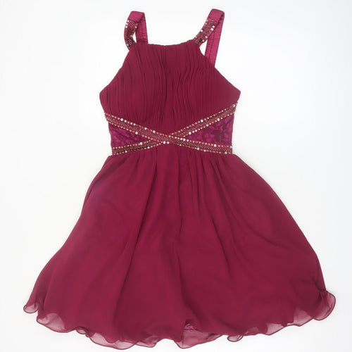 Little Mistress Women's Red Halter Beaded A-Line Chiffon Dress UK 10