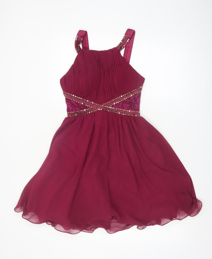 Little Mistress Women's Red Halter Beaded A-Line Chiffon Dress UK 10