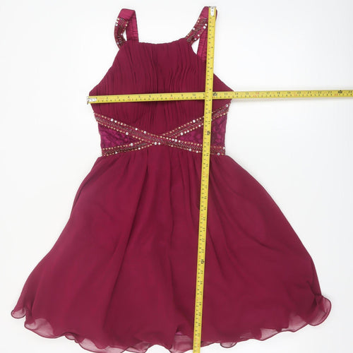 Little Mistress Women's Red Halter Beaded A-Line Chiffon Dress UK 10