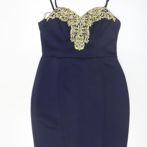 Lipsy London Women Navy Bodycon Dress UK 12 Lace Detail