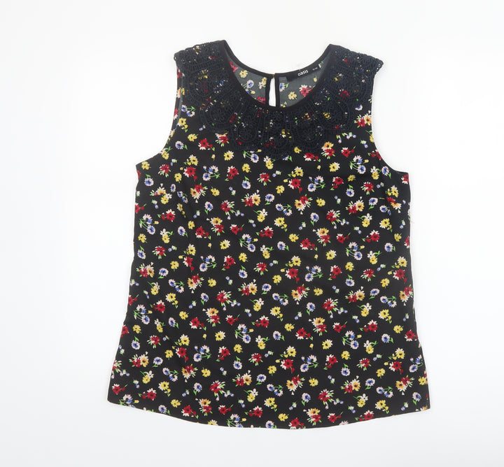 Oasis Womens Black Floral Beaded Neck Sleeveless Blouse Size 12