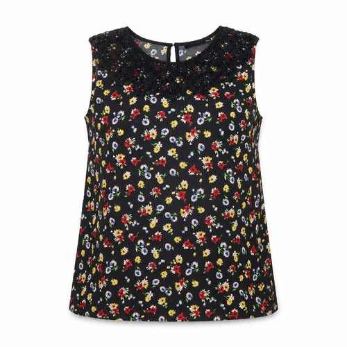Oasis Womens Black Floral Beaded Neck Sleeveless Blouse Size 12