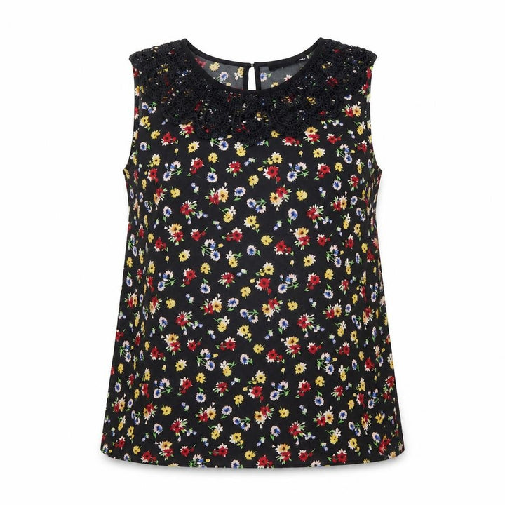 Oasis Womens Black Floral Beaded Neck Sleeveless Blouse Size 12