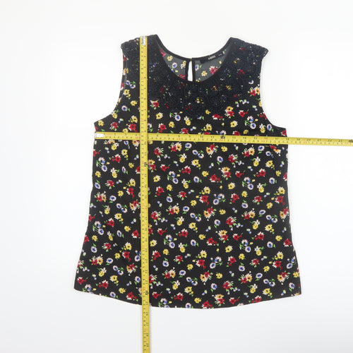 Oasis Womens Black Floral Beaded Neck Sleeveless Blouse Size 12
