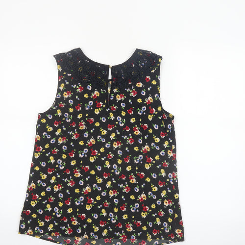 Oasis Womens Black Floral Beaded Neck Sleeveless Blouse Size 12