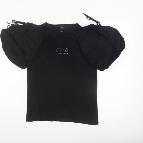 River Island Womens Black Puff Sleeve Cotton T-Shirt Size 8