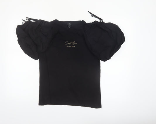 River Island Womens Black Puff Sleeve Cotton T-Shirt Size 8