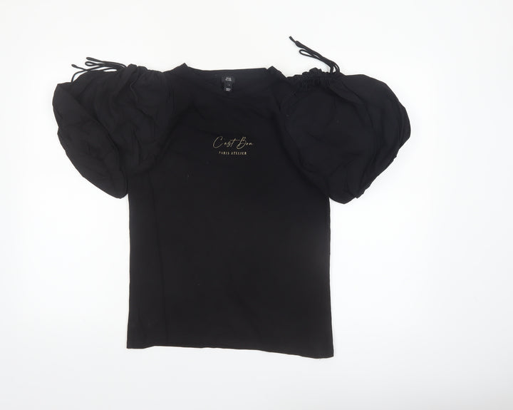 River Island Womens Black Puff Sleeve Cotton T-Shirt Size 8
