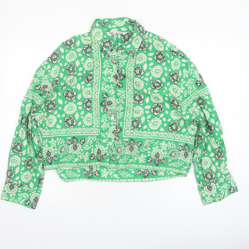 Zara Women’s Green Floral Cropped Cotton Blouse Size S