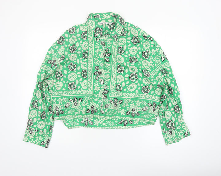 Zara Women’s Green Floral Cropped Cotton Blouse Size S