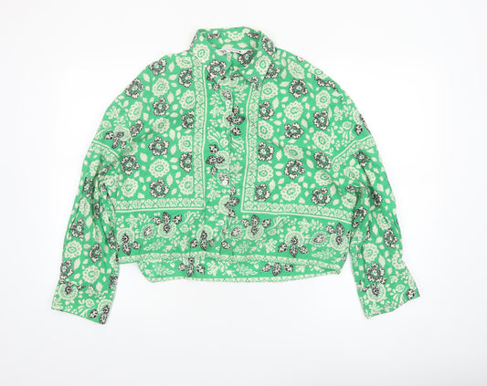 Zara Women’s Green Floral Cropped Cotton Blouse Size S