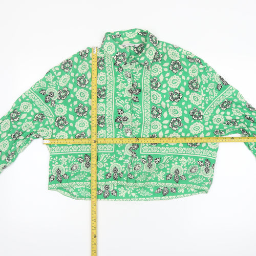 Zara Women’s Green Floral Cropped Cotton Blouse Size S