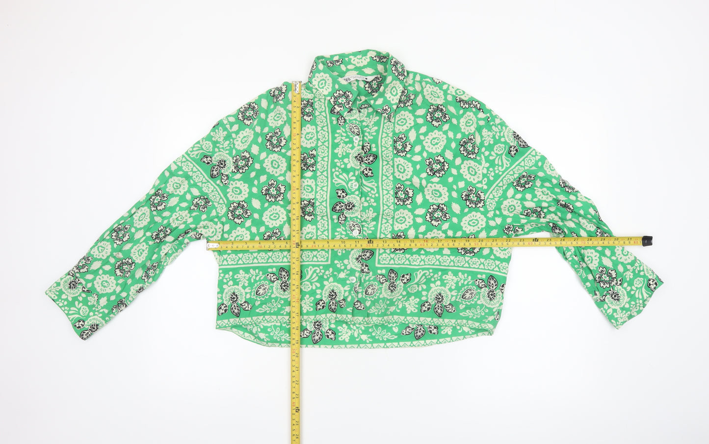 Zara Women’s Green Floral Cropped Cotton Blouse Size S