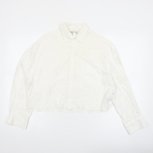 Zara Womens White Cotton Embroidered Cropped Blouse Size S
