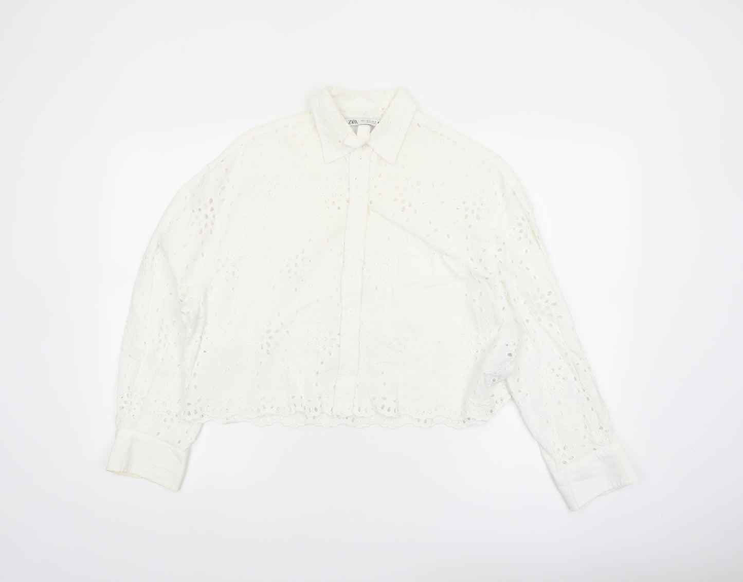 Zara Womens White Cotton Embroidered Cropped Blouse Size S
