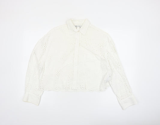 Zara Womens White Cotton Embroidered Cropped Blouse Size S