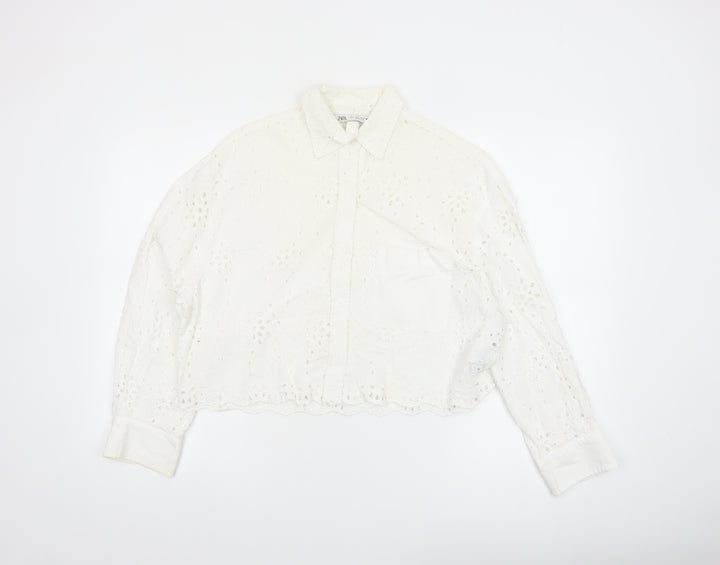 Zara Womens White Cotton Embroidered Cropped Blouse Size S