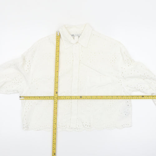 Zara Womens White Cotton Embroidered Cropped Blouse Size S