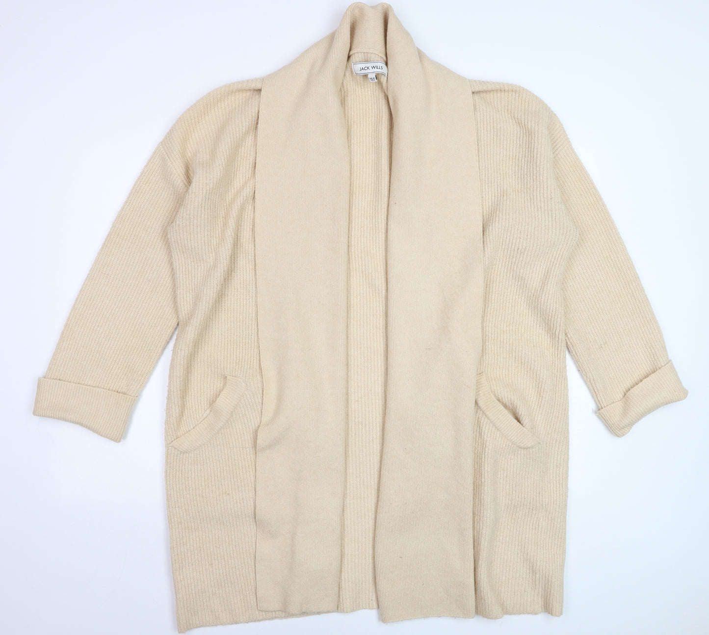 Jack Wills Women’s Beige Knit Long Cardigan Size 10 Open Shawl Collar