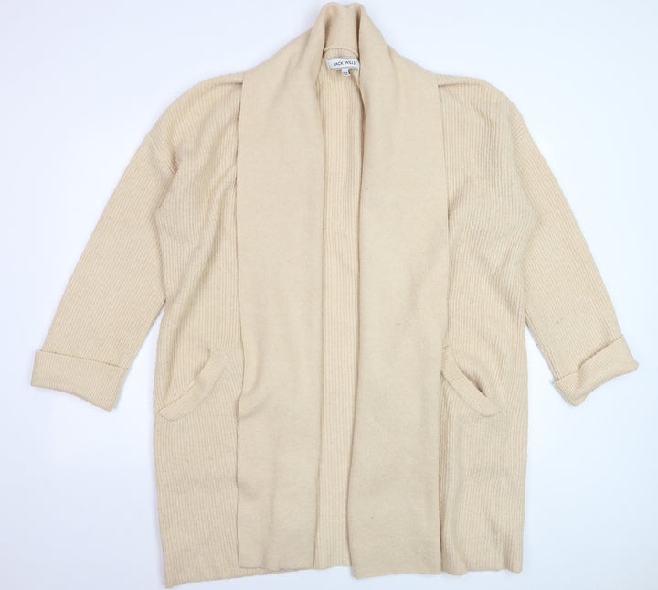 Jack Wills Women’s Beige Knit Long Cardigan Size 10 Open Shawl Collar