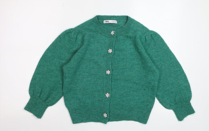 Zara Women Green Cardigan Knit Puff Sleeve Size 8