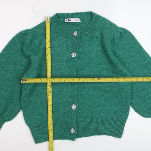 Zara Women Green Cardigan Knit Puff Sleeve Size 8