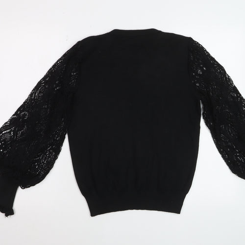 Cotton Club Women's Black Lace Puff Sleeve Acrylic Jumper M