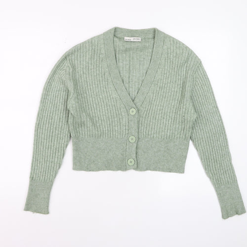 Pull & Bear Women Green Ribbed Button Up V-Neck Cardigan Size S