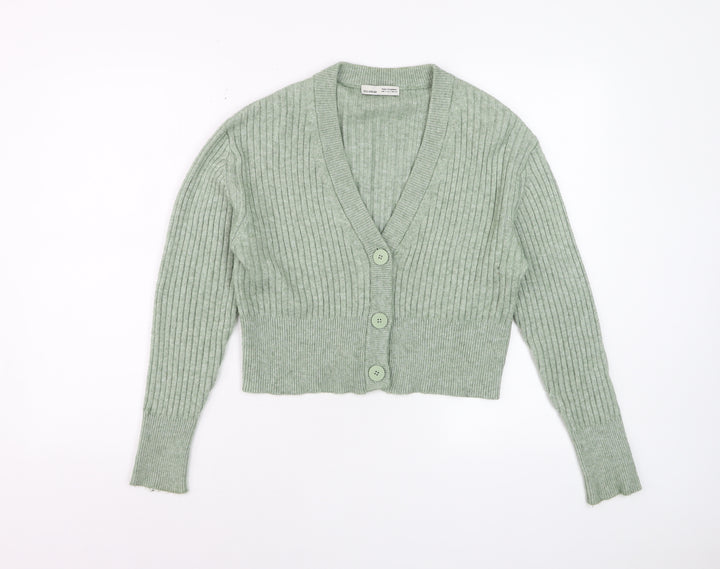 Pull & Bear Women Green Ribbed Button Up V-Neck Cardigan Size S
