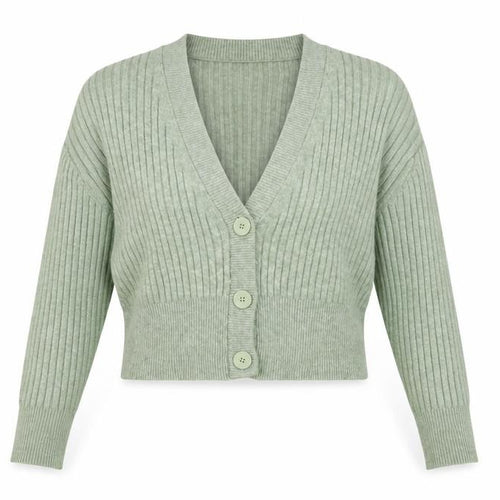 Pull&Bear Women Green Ribbed Button Up V-Neck Cardigan Size S