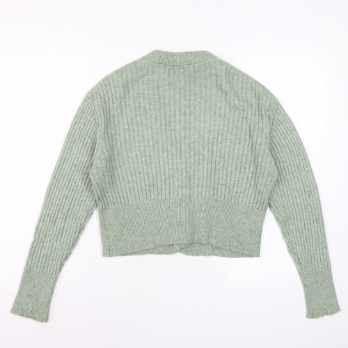 Pull & Bear Women Green Ribbed Button Up V-Neck Cardigan Size S