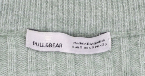 Pull & Bear Women Green Ribbed Button Up V-Neck Cardigan Size S