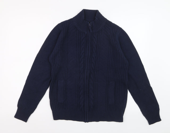 Isle Essentials Women Blue Cotton Cable Knit Full Zip Jumper M 14-16
