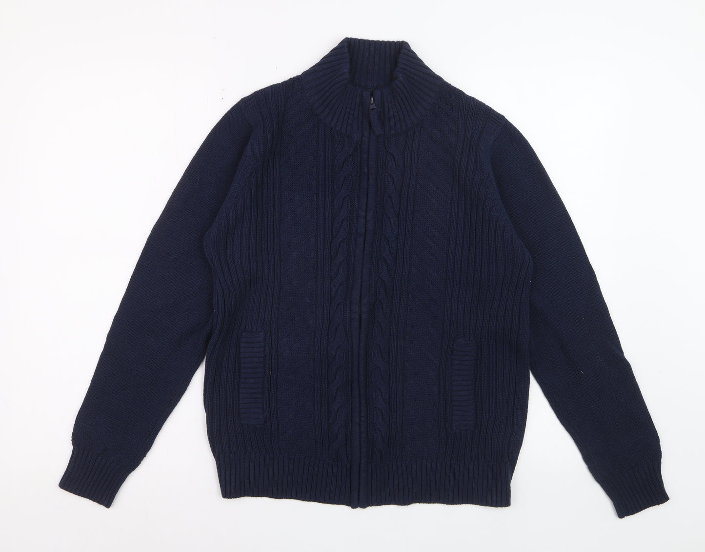 Isle Essentials Women Blue Cotton Cable Knit Full Zip Jumper M 14-16