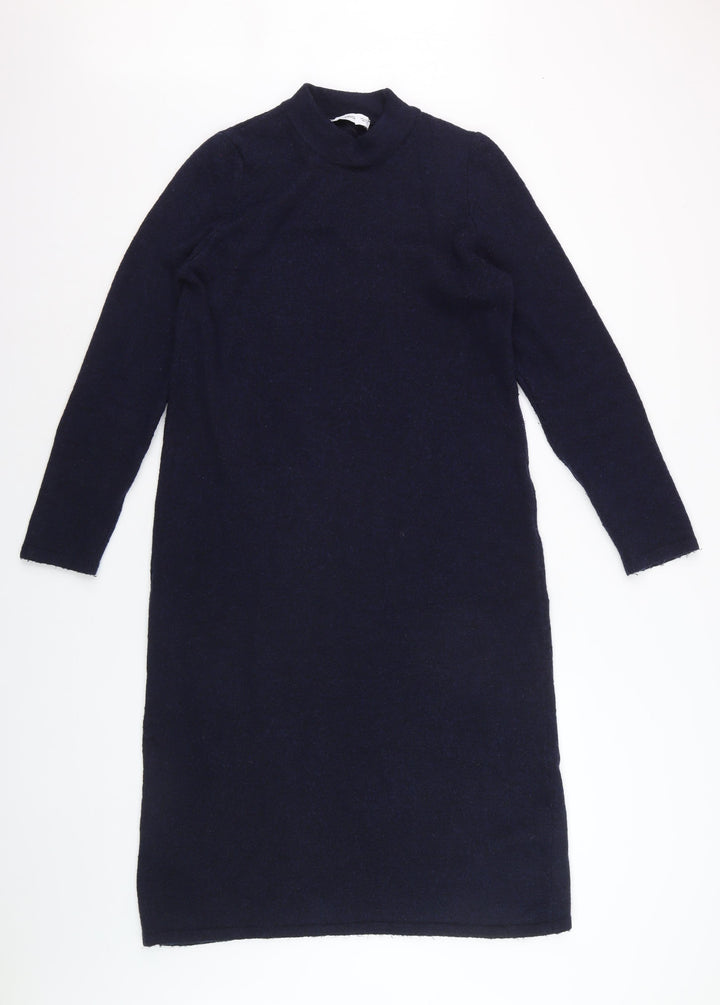 MNG Women's Blue Knit High Neck Long Sleeve Sweater Dress Size 12