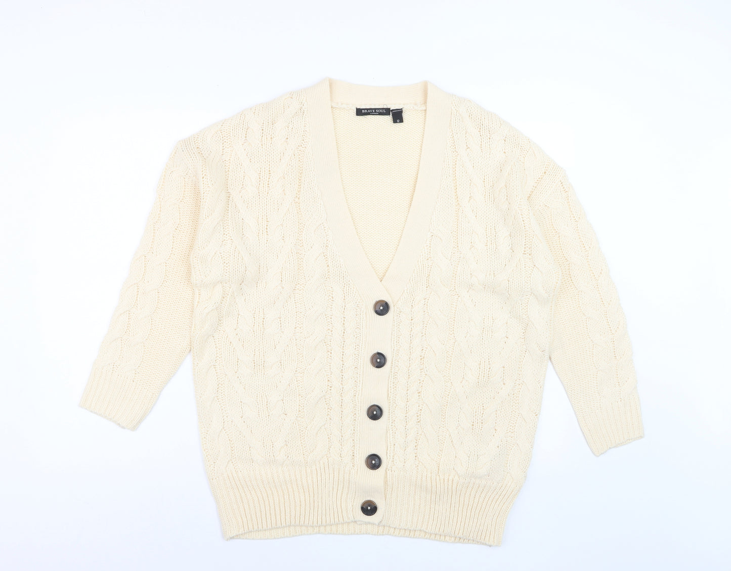 Brave Soul Women Ivory Cable Knit V-Neck Cardigan Size 12