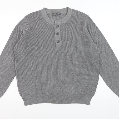 Marks and Spencer Men's Grey Henley Knit Jumper Size L