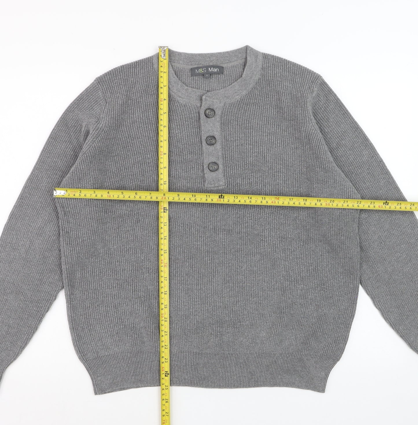 Marks and Spencer Men's Grey Henley Knit Jumper Size L