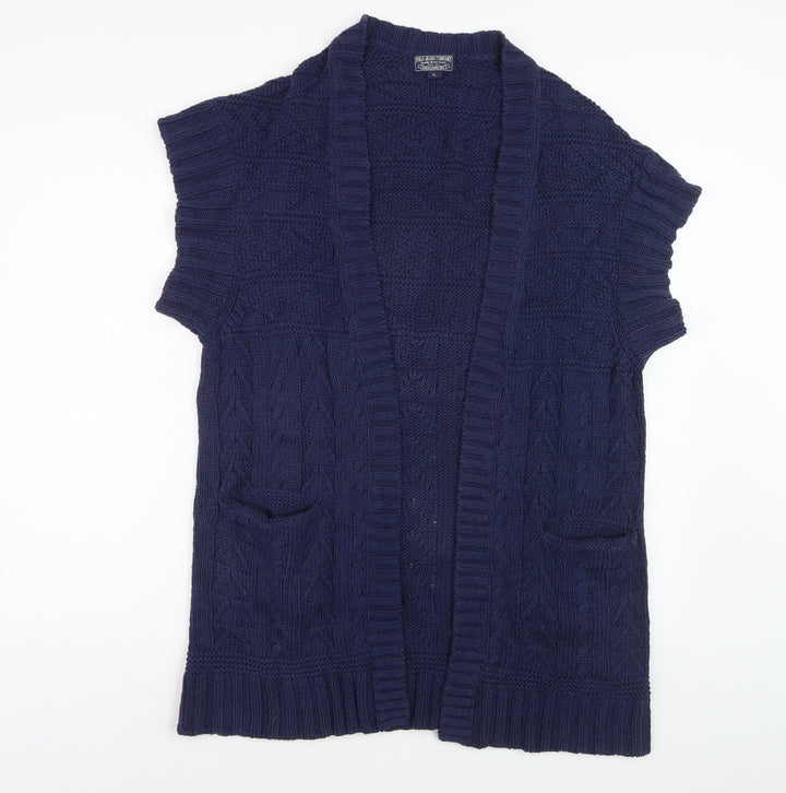 Ralph Lauren Women Blue Cotton Cable Knit Short Sleeve Cardigan L