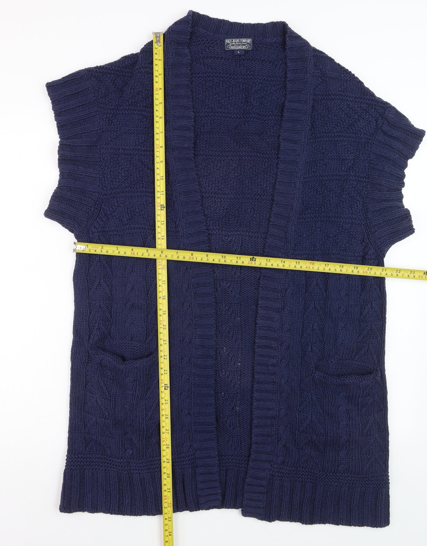 Ralph Lauren Women Blue Cotton Cable Knit Short Sleeve Cardigan L