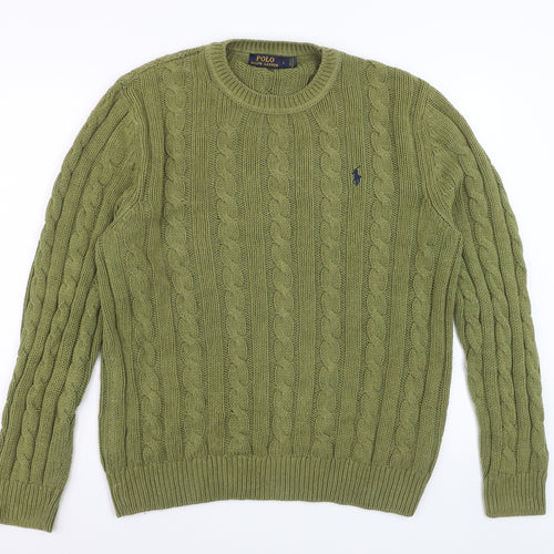 Ralph Lauren Men's Green Cable-Knit Cotton Jumper L