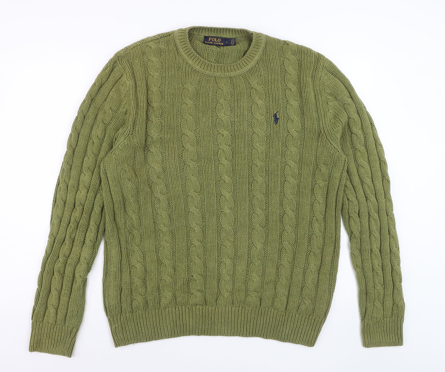 Ralph Lauren Men's Green Cable-Knit Cotton Jumper L