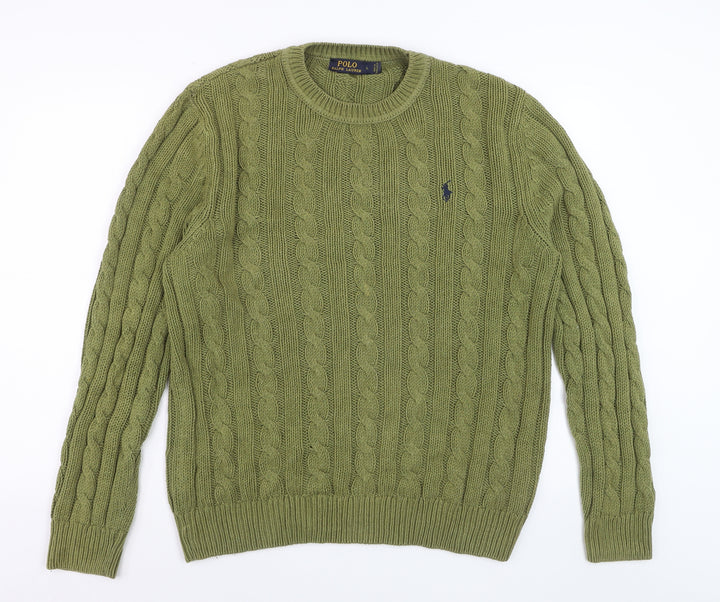 Ralph Lauren Men's Green Cable-Knit Cotton Jumper L