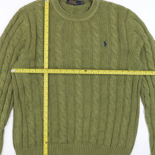Ralph Lauren Men's Green Cable-Knit Cotton Jumper L