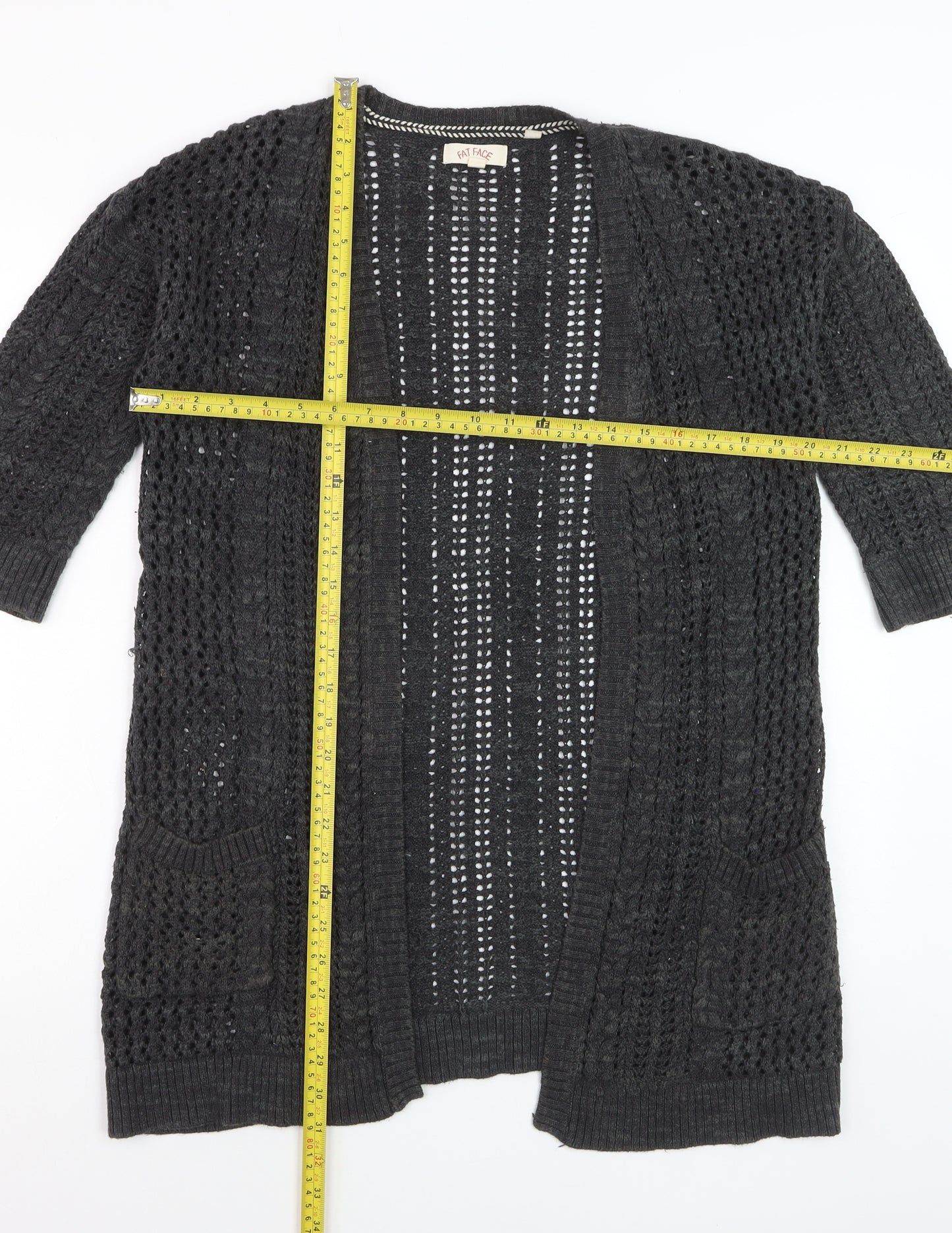 Fat Face Womens Black Open Knit 3/4 Sleeve Cardigan Size 8