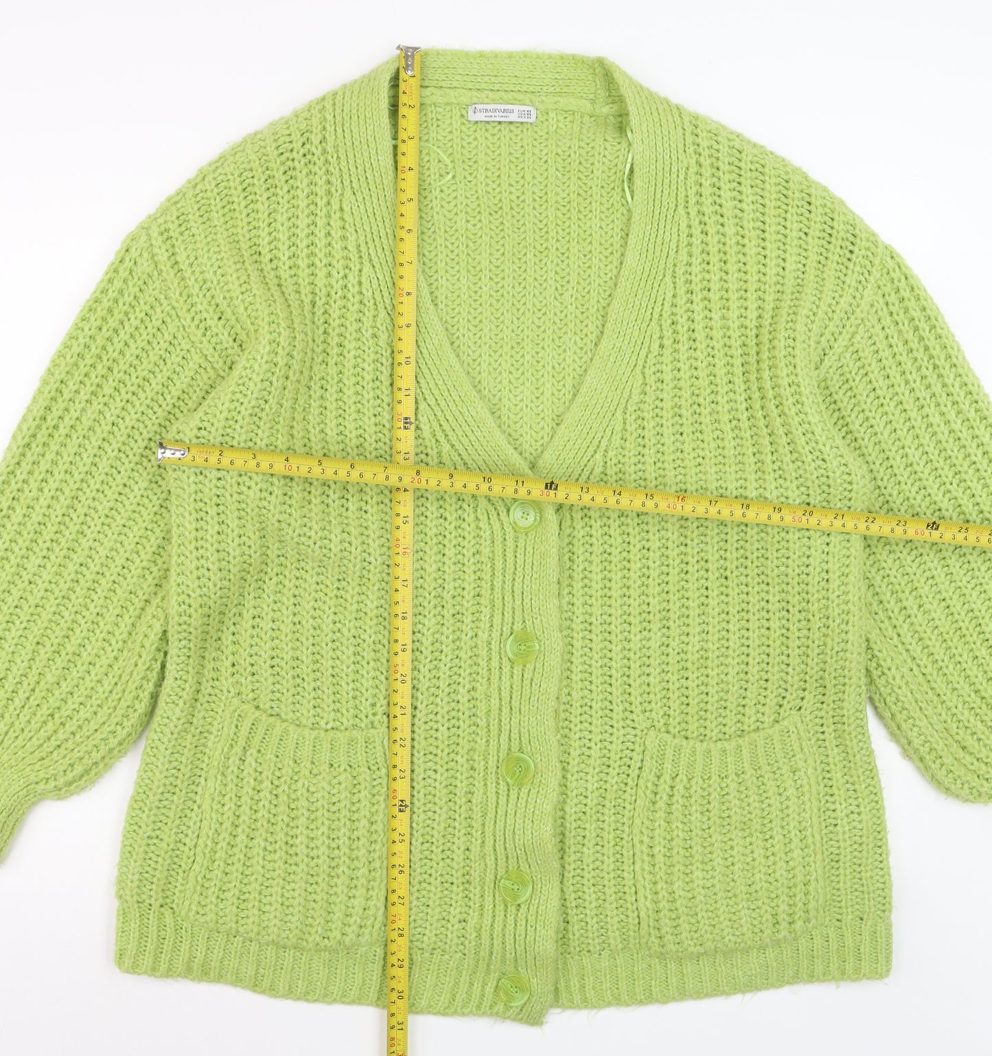 Stradivarius Womens Green Chunky Knit V-Neck Cardigan XS