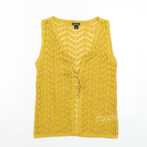 Boohoo Women Yellow Open Knit Sleeveless V-Neck Vest M