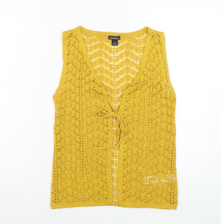 Boohoo Women Yellow Open Knit Sleeveless V-Neck Vest M