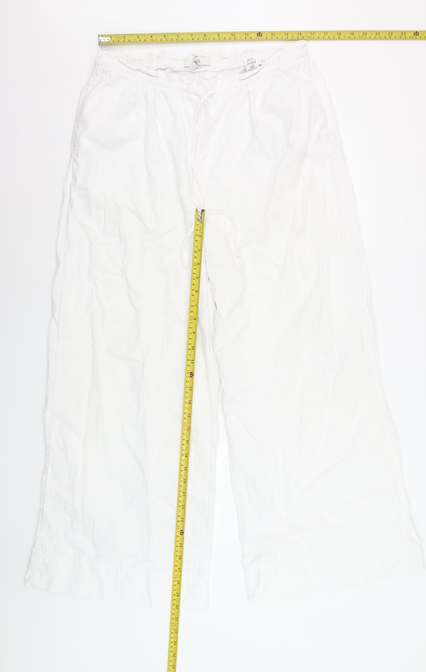 Marks and Spencer Womens White Linen Blend Wide Leg Trousers Size 16