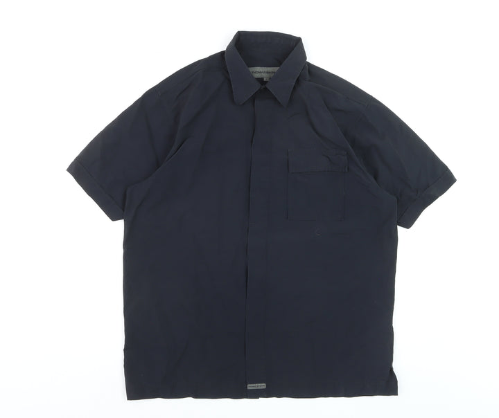 Thomas Browne Men's Navy Blue Short Sleeve Cotton Blend Button-Up Shirt M